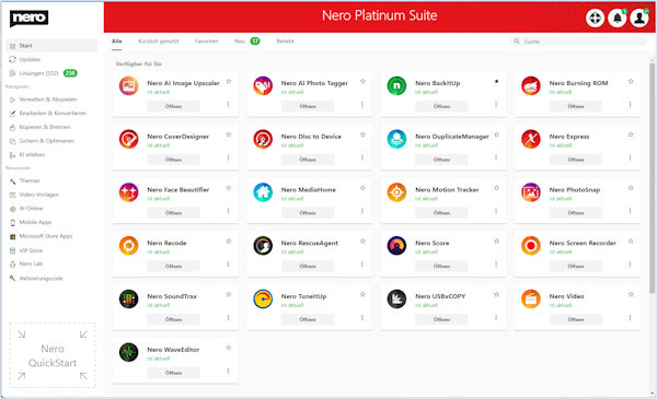 Nero Platinum Suite Startseite Übersicht Nero Programme
