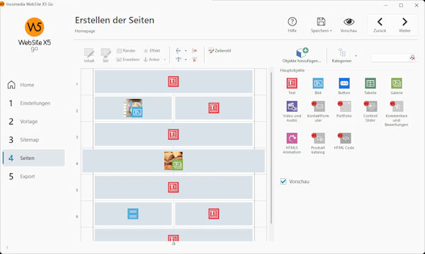 website x5 go -- erstellen der Seiten