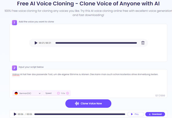 vidnoz ai voice cloning - KI Stimme klonen